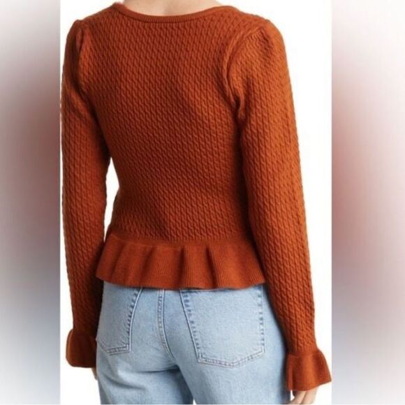 WAYF Square Neck Ruffle Peplum Sweater Top - Rust M - Picture 2 of 10